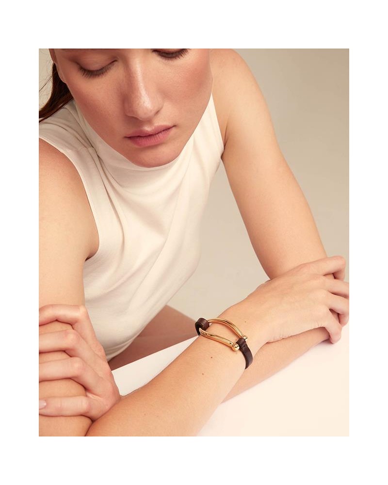 PULSERA ESLABON Y CUERO BAÑO ORO DE UNOde50