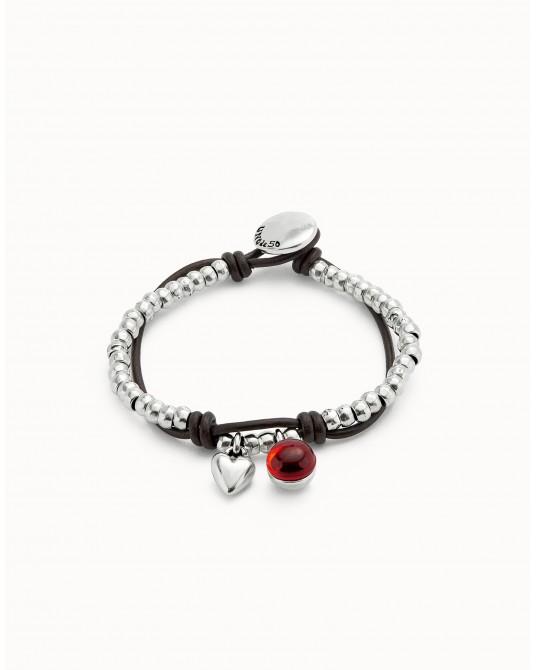 PULSERA PLATEADA BOLA ROJA Y CORAZON DE UNOde50