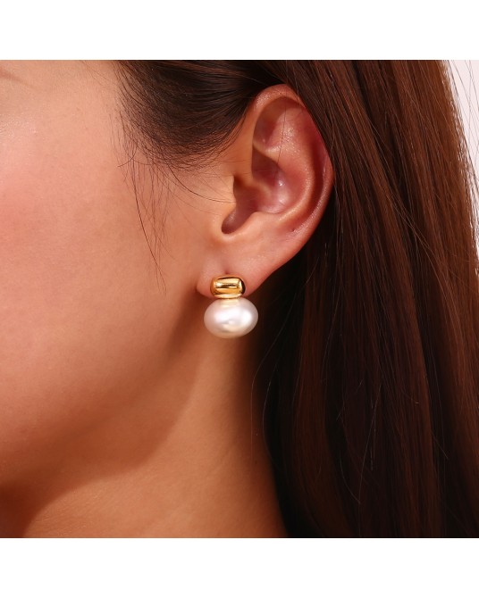 Pendientes perla y acero dorado