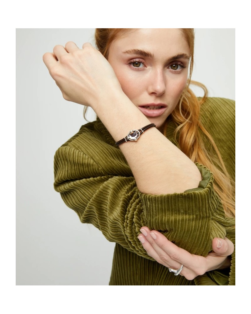 Pulsera cuero baño plata cristal UNOde50