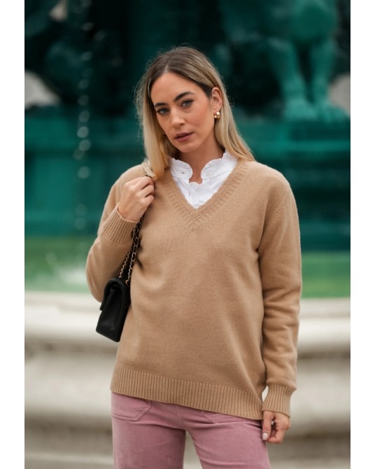 Jersey de punto beis cuello pico Guimanos