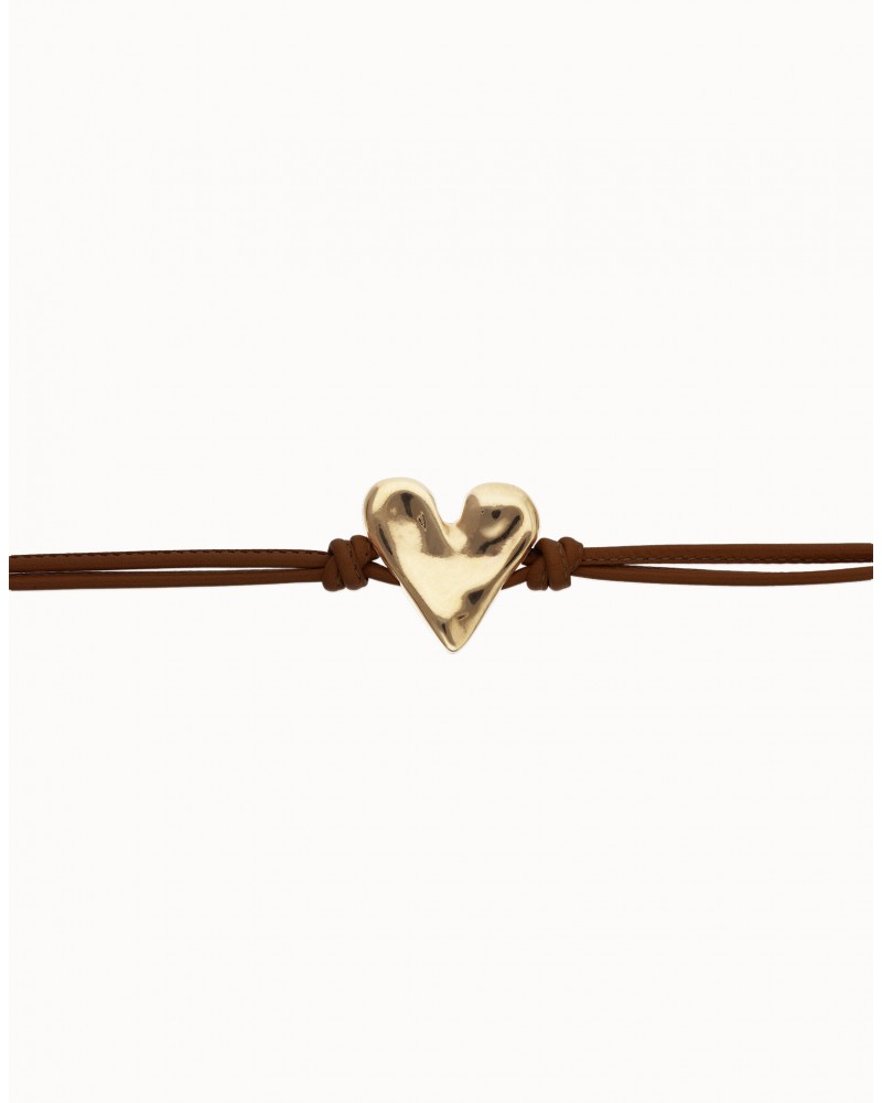 Pulsera de cuero con corazòn baño oro UNOde50