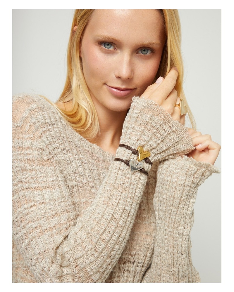 Pulsera de cuero con corazòn baño plata UNOde50