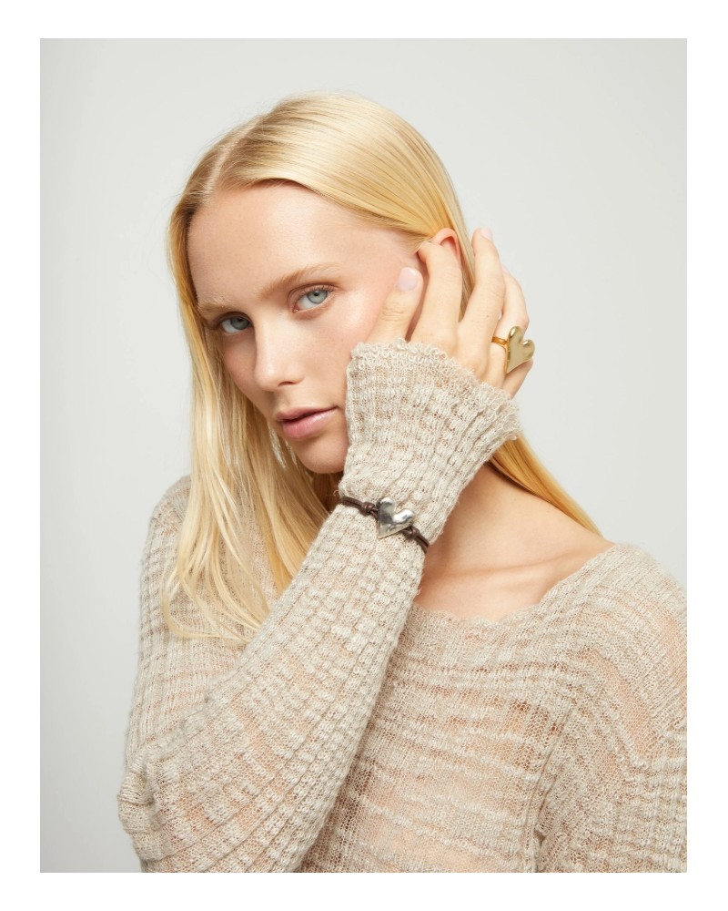 Pulsera de cuero con corazòn baño plata UNOde50