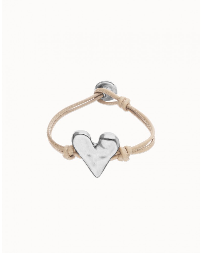 Pulsera de cuero con corazòn baño plata UNOde50
