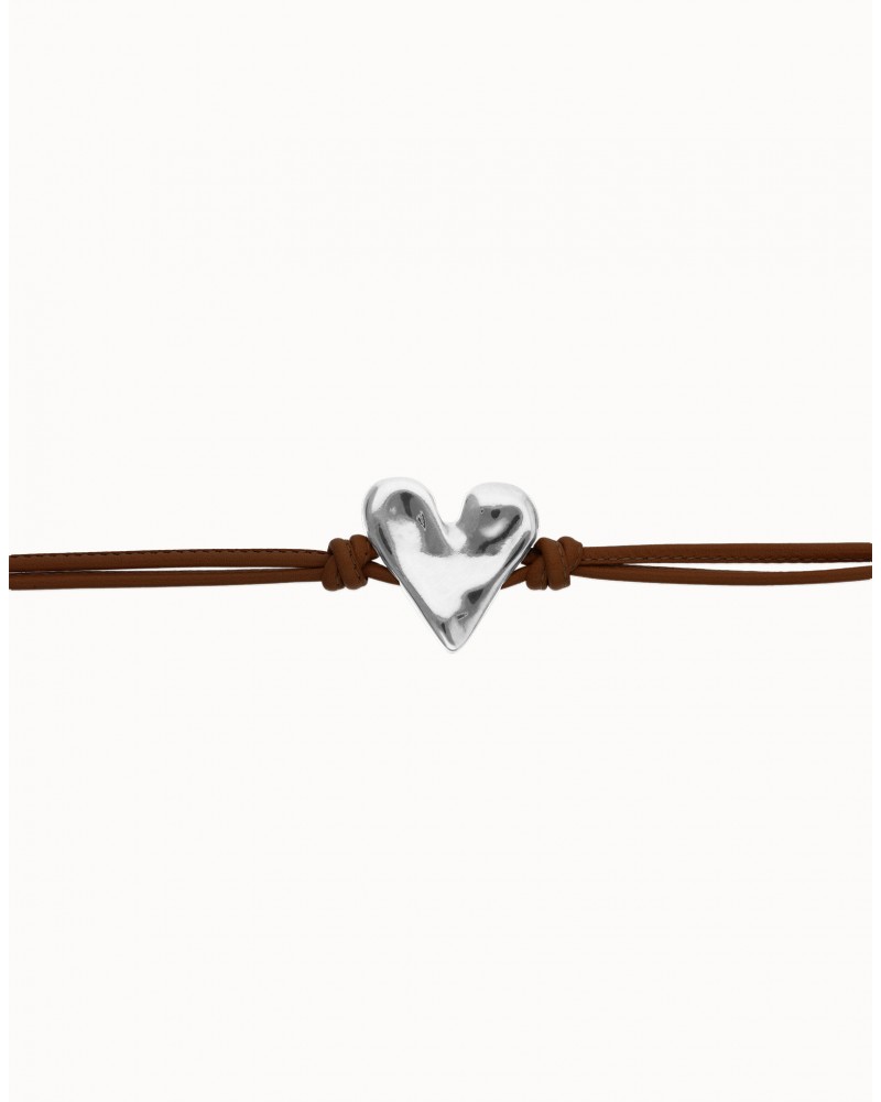 Pulsera de cuero con corazòn baño plata UNOde50