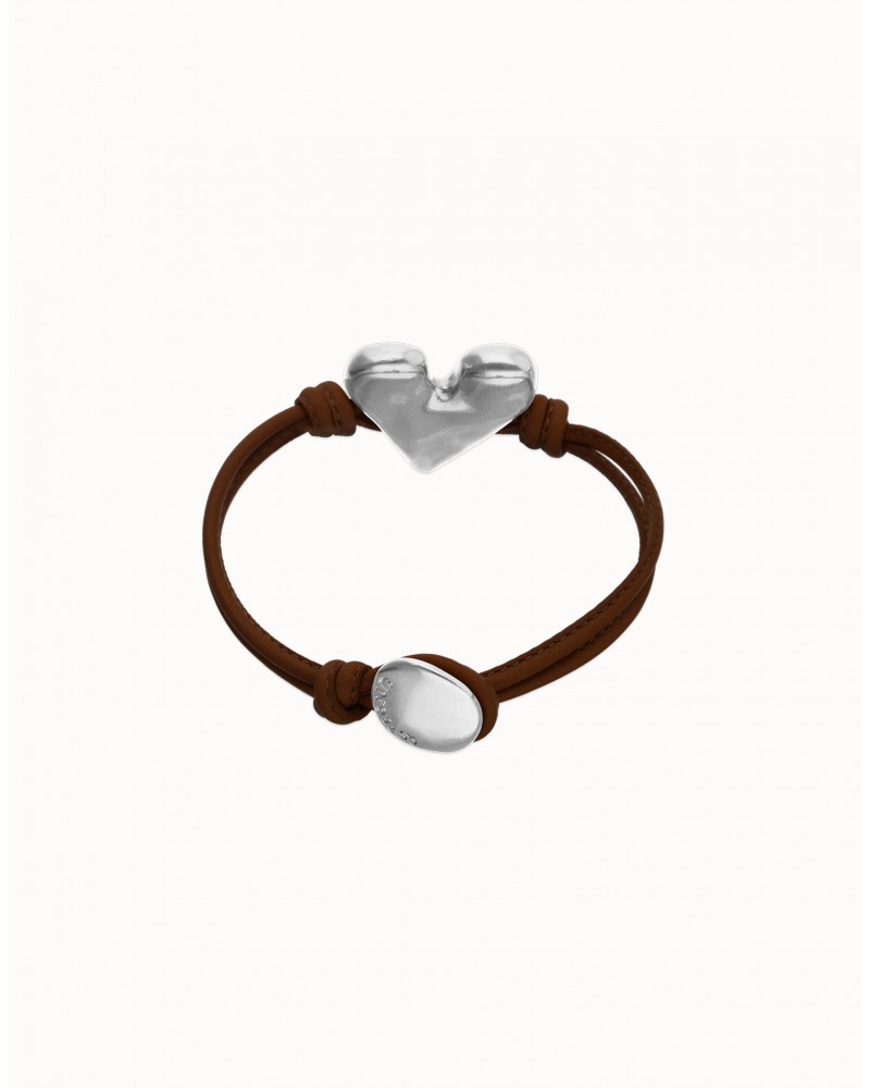 Pulsera de cuero con corazòn baño plata UNOde50