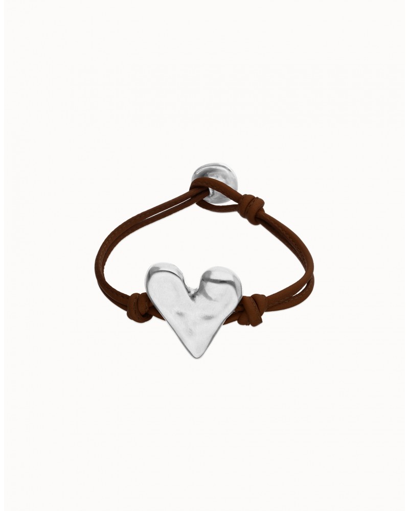 Pulsera de cuero con corazòn baño plata UNOde50