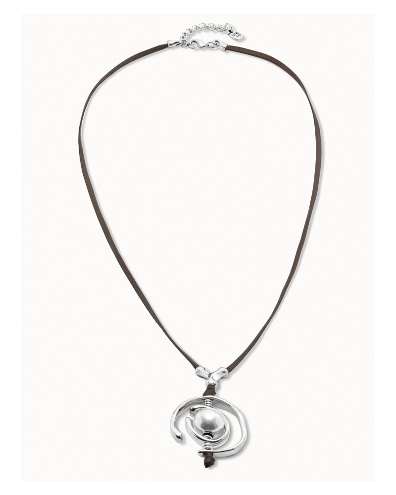 Collar cuero con perla bañado plata UNOde50
