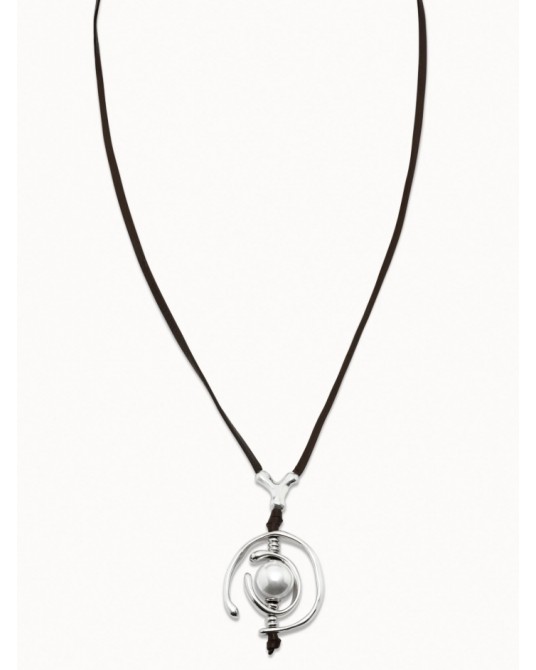 Collar cuero con perla bañado plata UNOde50