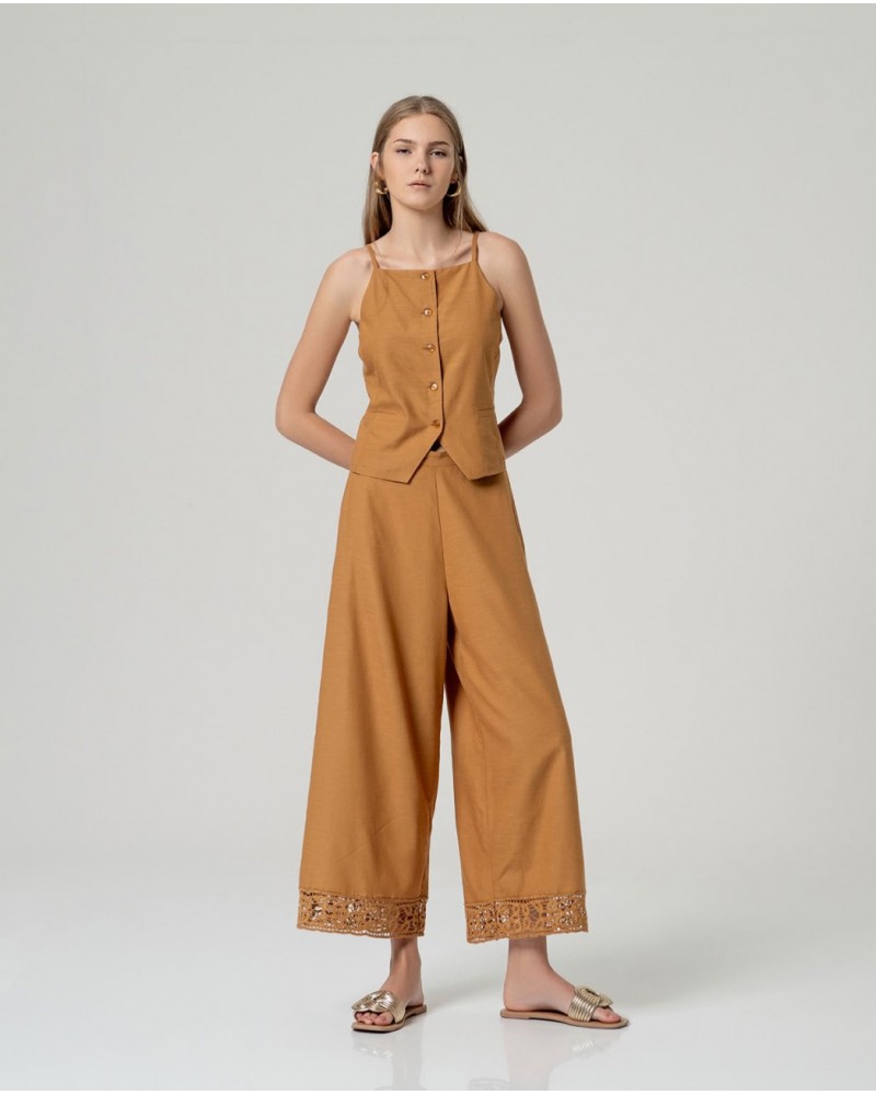 Pantalòn camel ancho bajo bordado Surkana