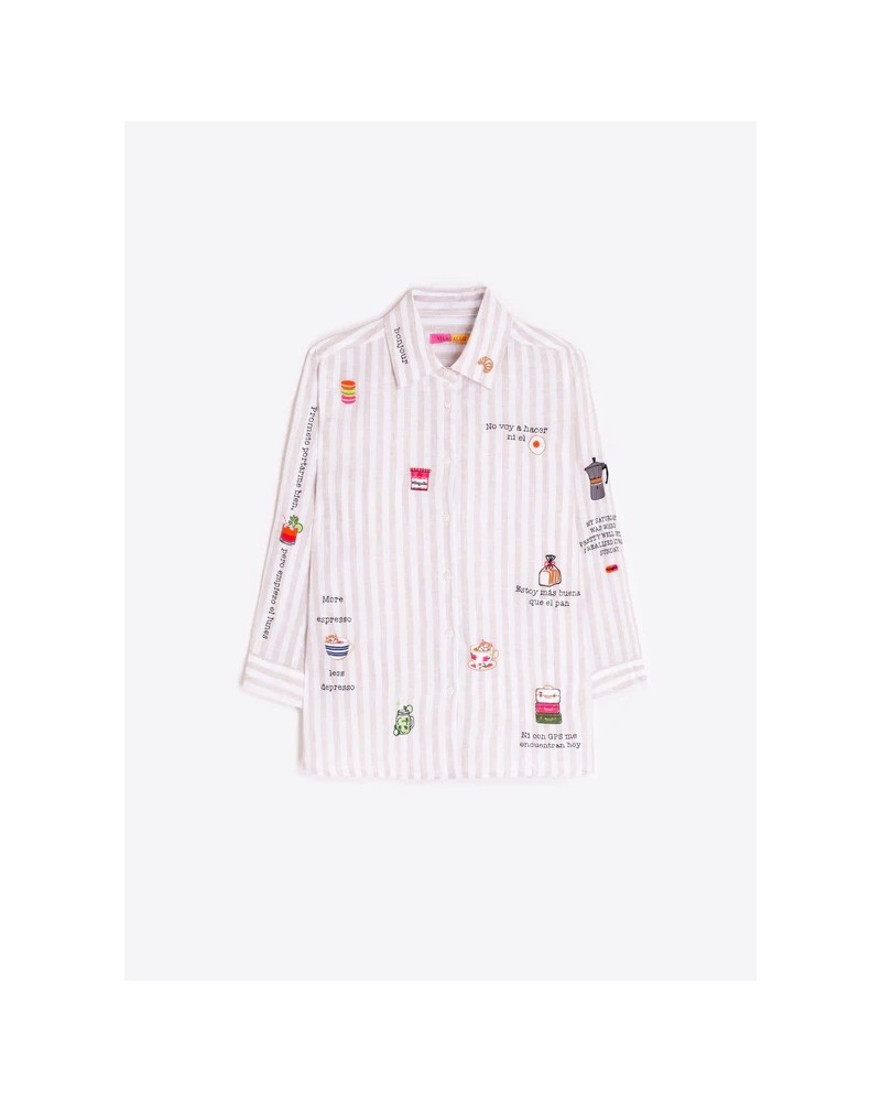 Camisa rayas beige bordado Bonjour Vilagallo