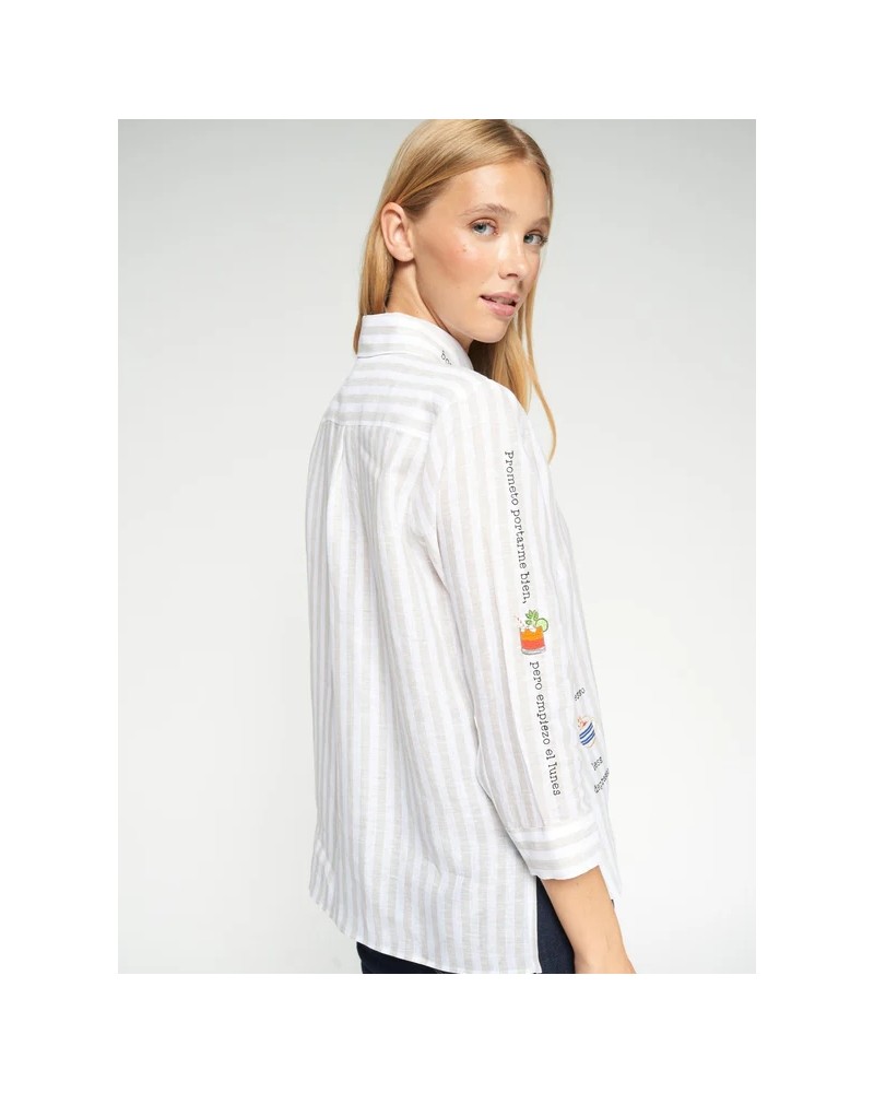 Camisa rayas beige bordado Bonjour Vilagallo