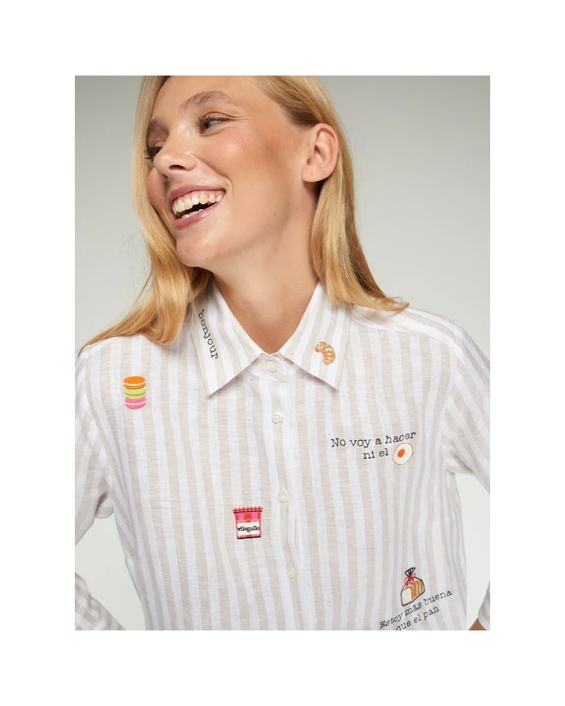 Camisa rayas beige bordado Bonjour Vilagallo