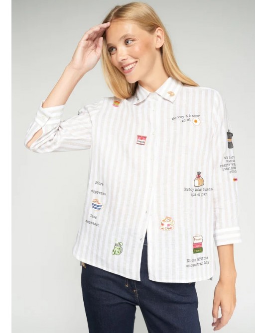 Camisa rayas beige bordado Bonjour Vilagallo