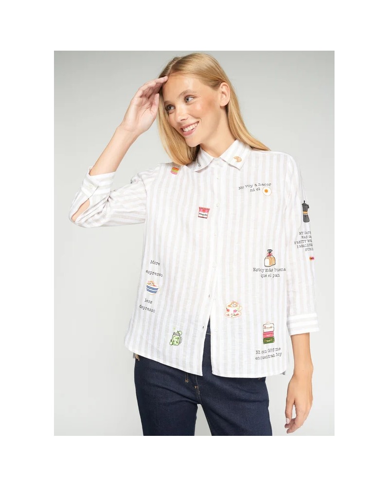 Camisa rayas beige bordado Bonjour Vilagallo