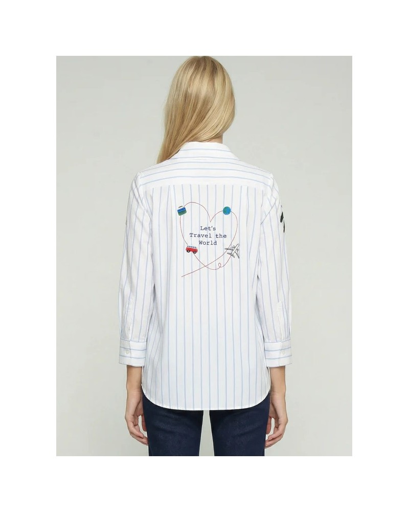 Camisa blanca rayas azules bordada Vilagallo