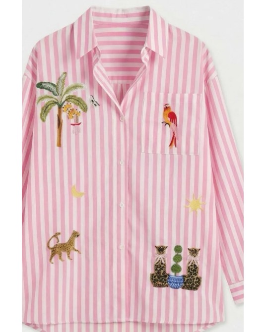 Camisa rayas con bordados tropicales