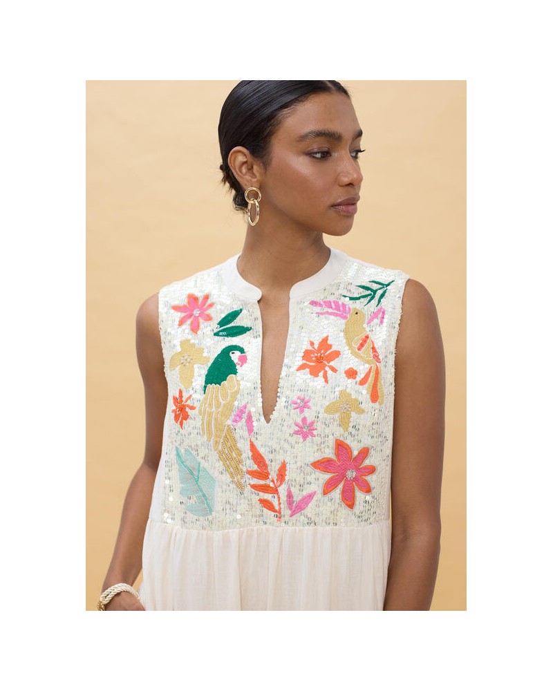 Vestido blanco bordado loros Lola Casademunt