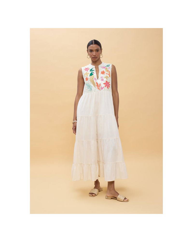 Vestido blanco bordado loros Lola Casademunt