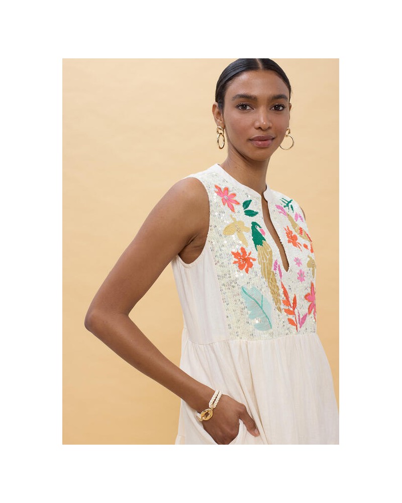 Vestido blanco bordado loros Lola Casademunt