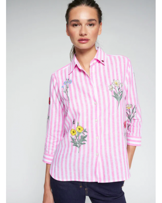 Camisa rayas rosa flores bordada Vilagallo