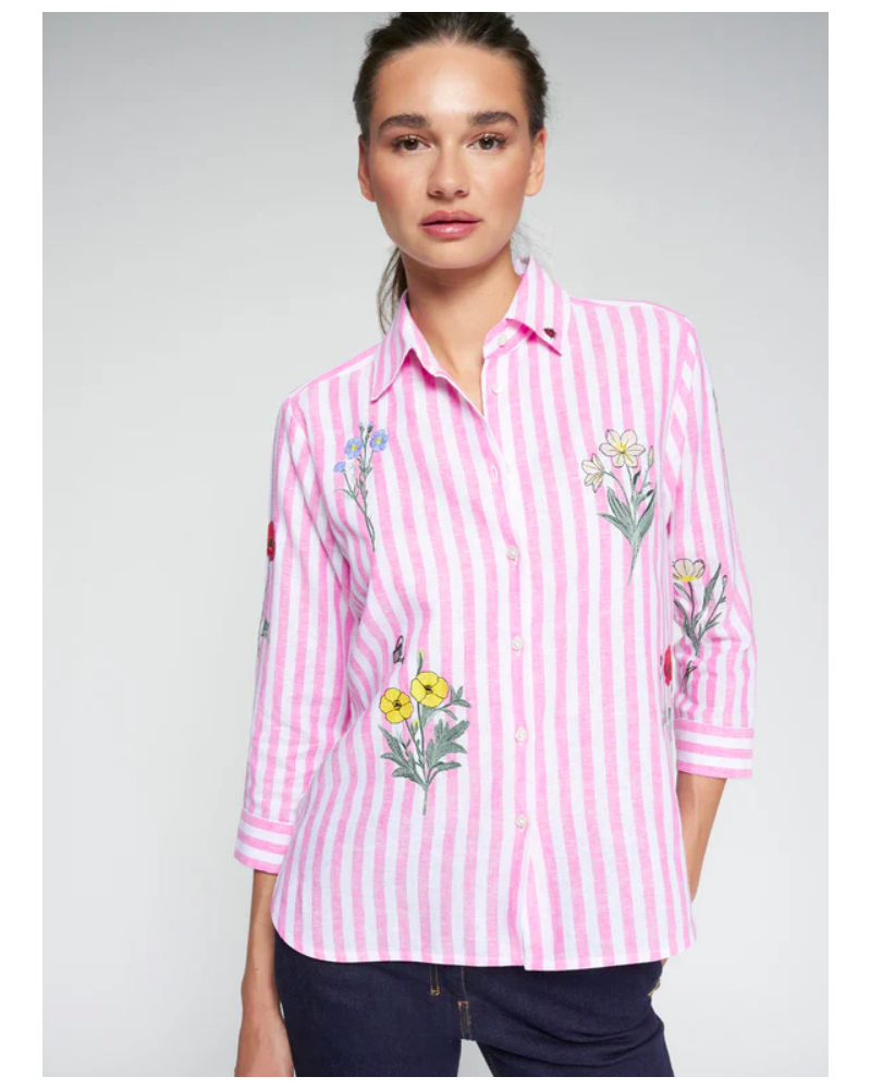Camisa rayas rosa flores bordada Vilagallo