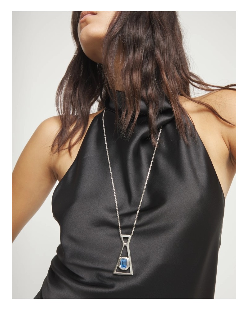 Collar largo bañado plata cristal azul UNOde50